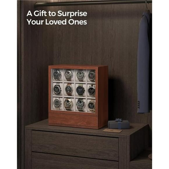 12 Slot Wood Watch Display Box Vertical Organizer with Drawer Velvet Lining - Picture 6 of 7